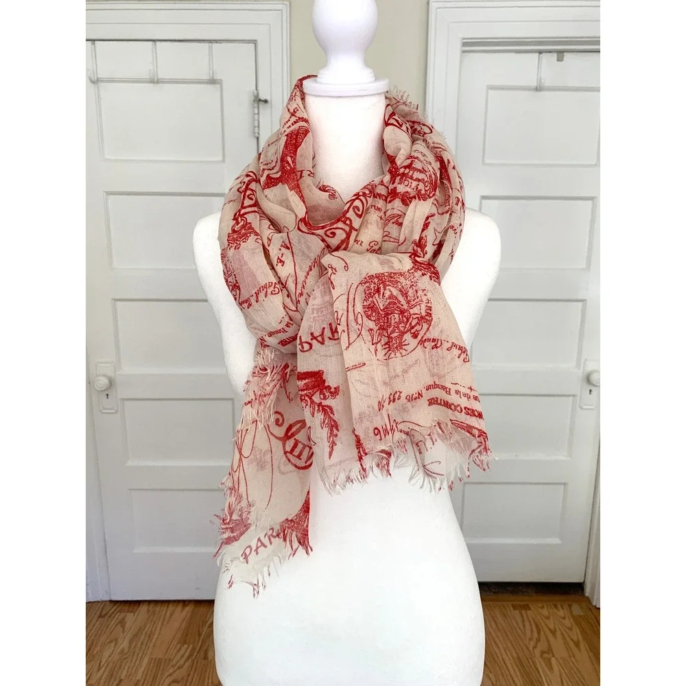 Parisian Sheer Scarf Eiffel Tower Postmarks Crowns Red Ivory 45x68 Travel Wrap